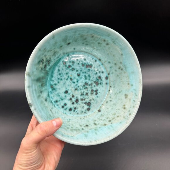 Handmade Art Pottery Bowl Signed Mike Joens Speckle Turquoise Green Blue Serving - Picture 12 of 13